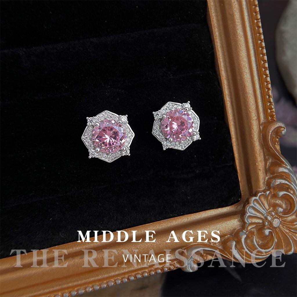 Light full pink zircon geometric stud earrings French temperament elegant earrings