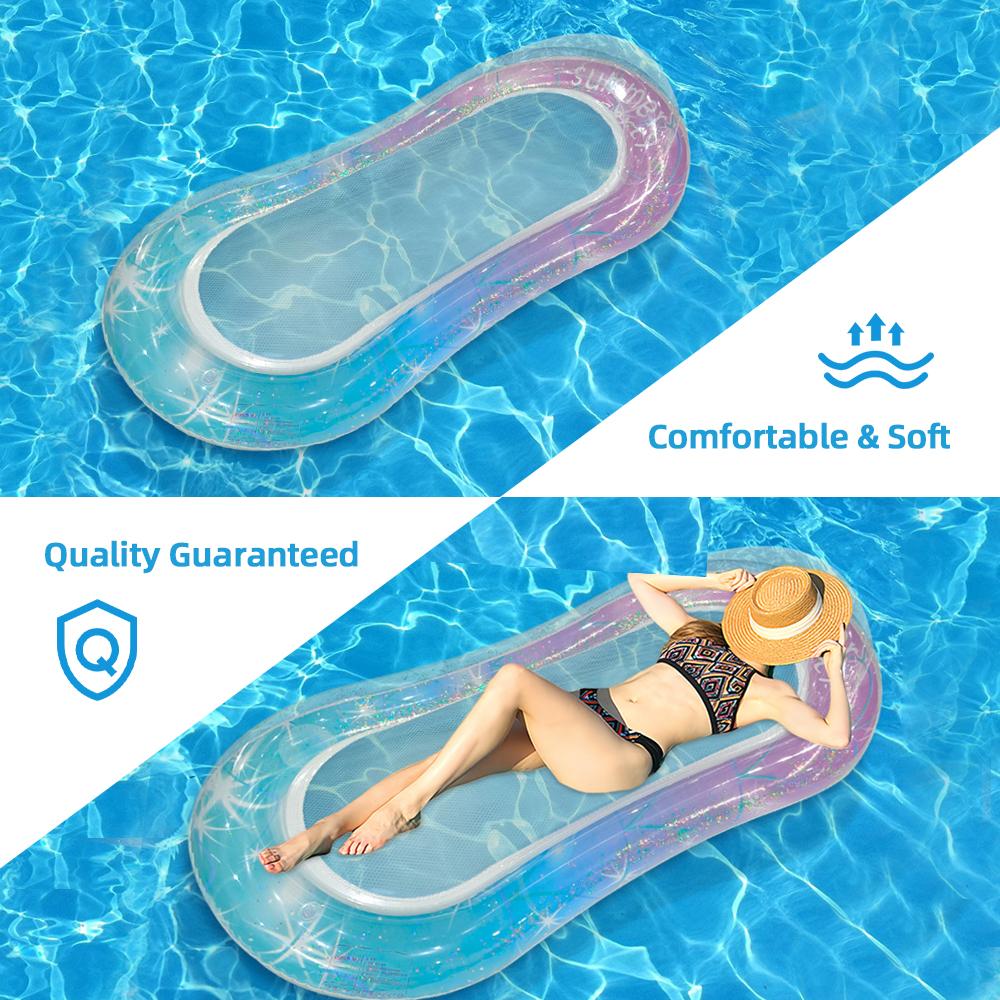 Boia Piscina Inflável com Glitter Rede de Água Cama Flutuante Gradiente Rosa para Adultos Cama de Descanso na Água