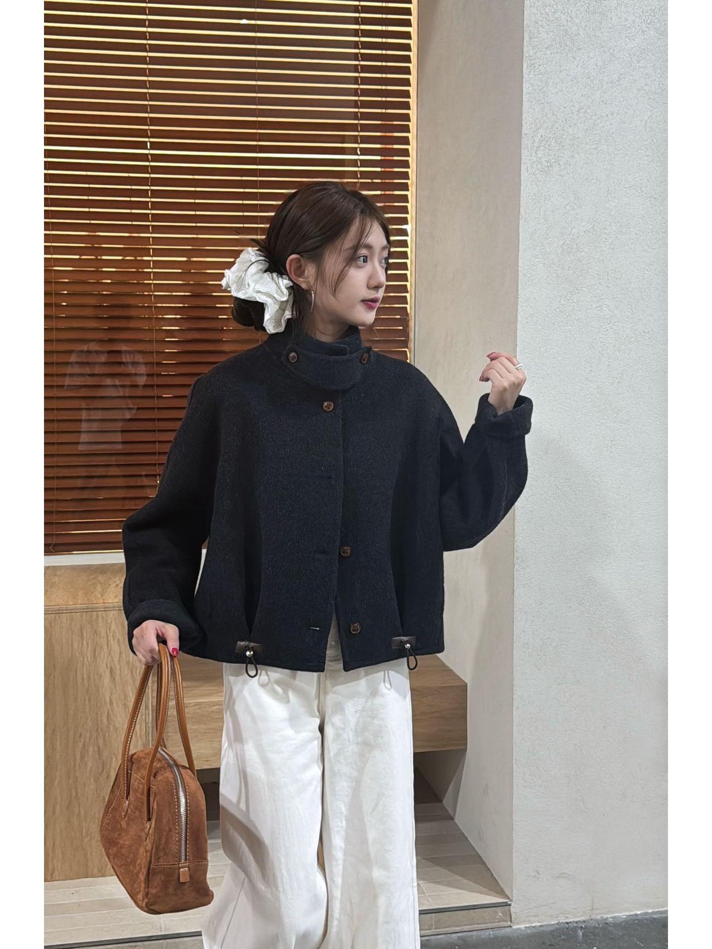 

Премиальное двустороннее шерстяное пальто со стойкой - Женский миниатюрный короткий стиль для осени и зимы. Medium древесный уголь/чёрный