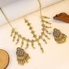 Bohemian Exotic Rhinestone Tassel Necklace & Earrings Set In Antiqued Alloy