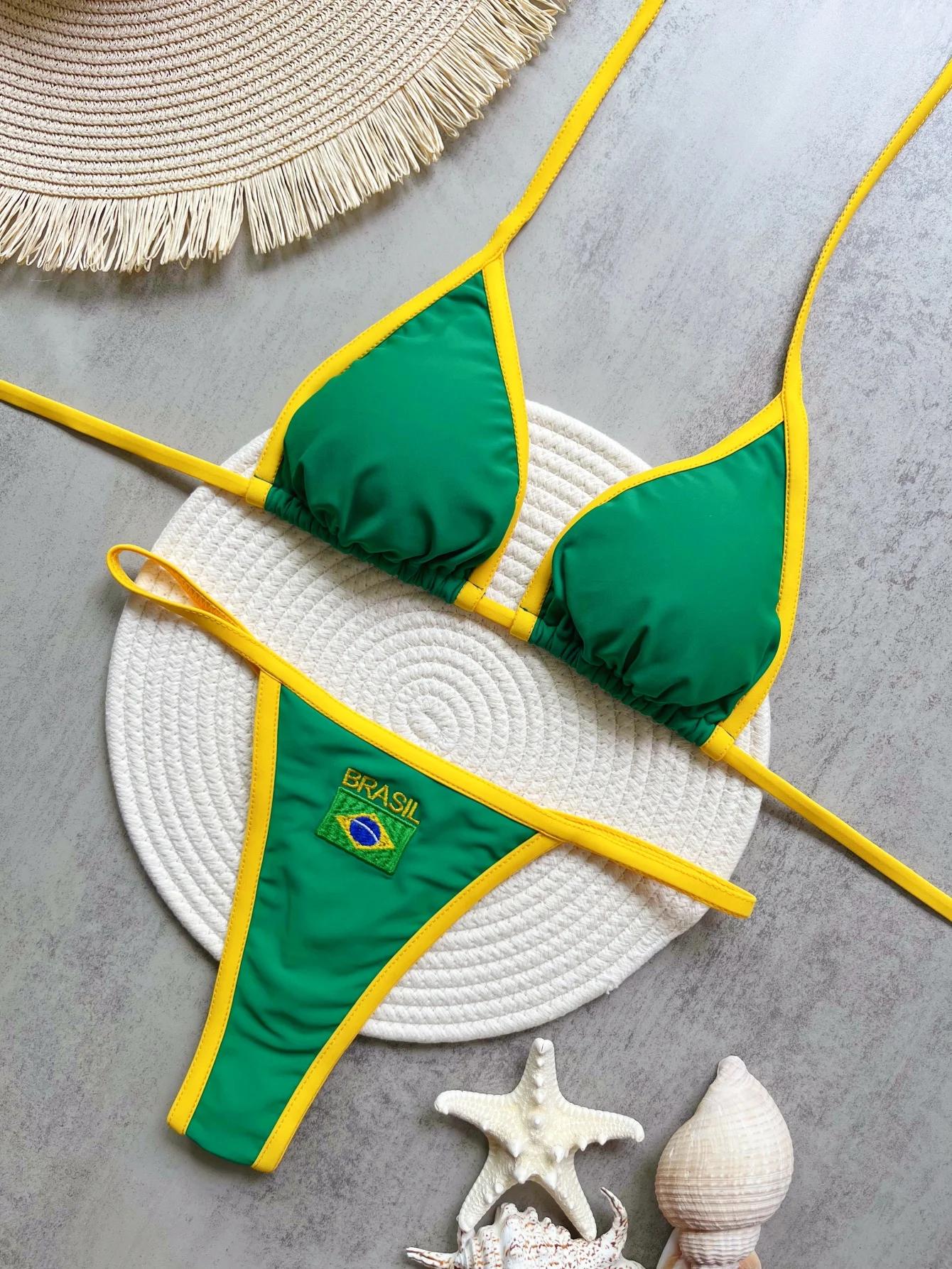 2026 Fashion Embroidery Brasil Flag Contrast Split Bikini Set Women Swimwear Patchwork Swimsuit Hottie Outfit SummerBeachwear S