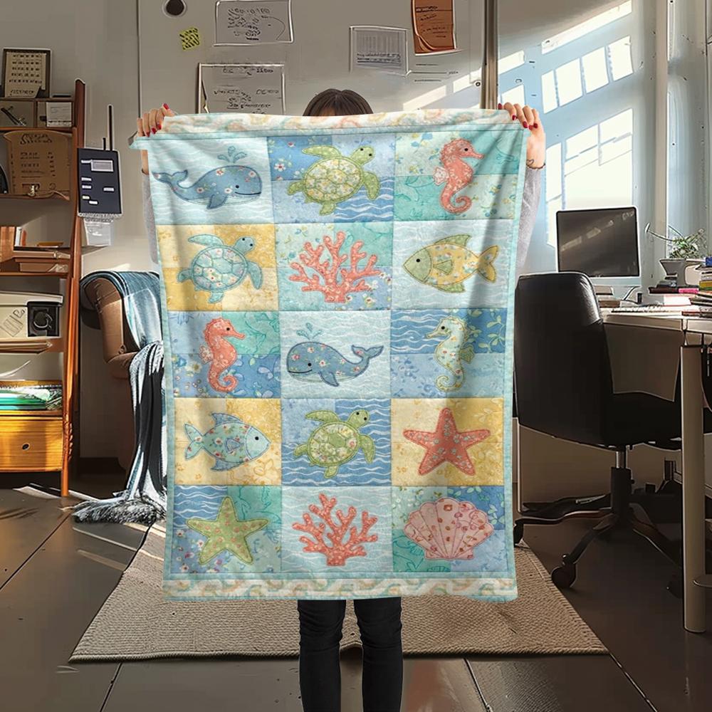1Pc Ocean Print Flannel Blanket, High quality Comfortable for All Seasons, Home Decor, Warmth and Comfort, Perfect for Christmas Gifts W101
