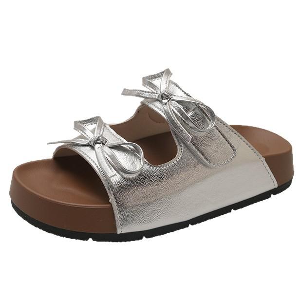 Bow silver platform slippers female summer wear 2025 new gentle fairy style with skirt Birkencool slippers