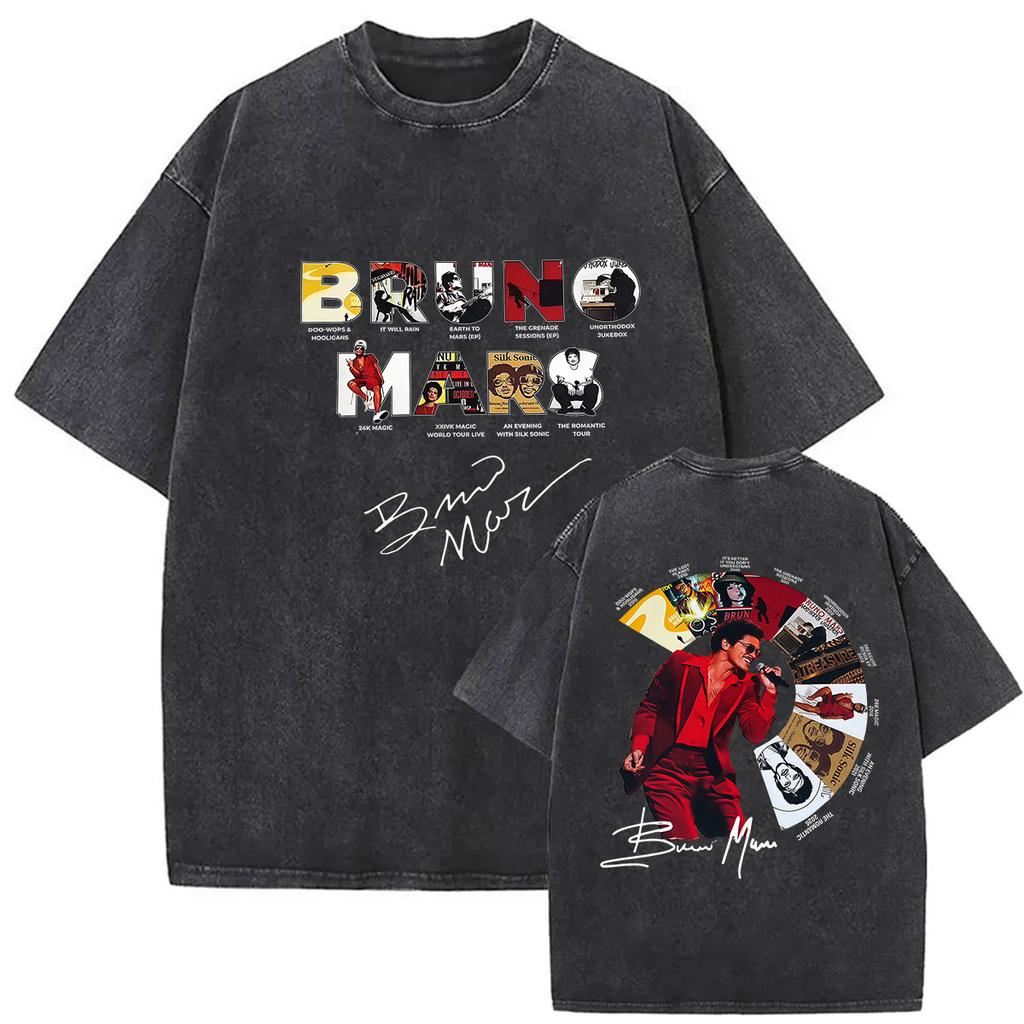 Vintage Washed Rapper Bruno Mars New Album Graphic T Shirts Mens Hip Hop Pop Loose Fashion Short Sleeve Tshirt Streetwear