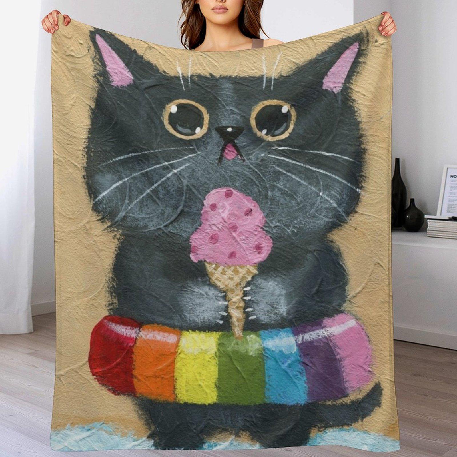

At The Beach Ice Cream Cat Throw Blanket Soft Solid Color Blanket for Couch Bed 102x76cm(40x30in)