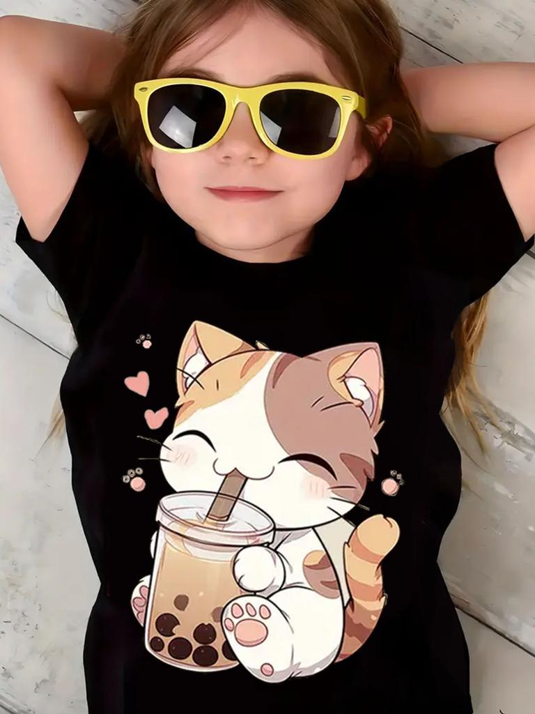 New Summer Girls Clothes Cartoon Cute Cat Graphic T Shirt Short Sleeve Tops for Girls Casual Children's Clothing