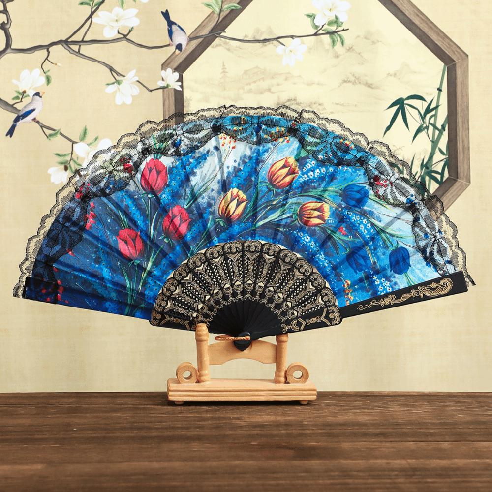 Plastic Ribs Spanish Folding Fan Lace Trim Edge Handheld Fan Elegant Dance Prop Fan Gift