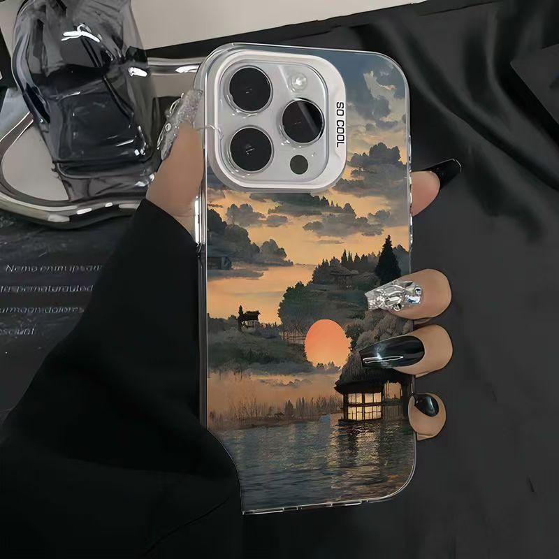 Mountain sunset illustration color silver shell for apple 16/15/14 pro mobile phone case 15promax13/12/11X