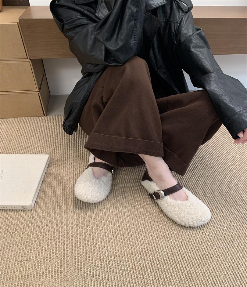 Flat-bottomed wool shoes for women's outer wear 2025 new autumn and winter gentle evening Mary Jane shoes pedal lamb wool cotton shoes