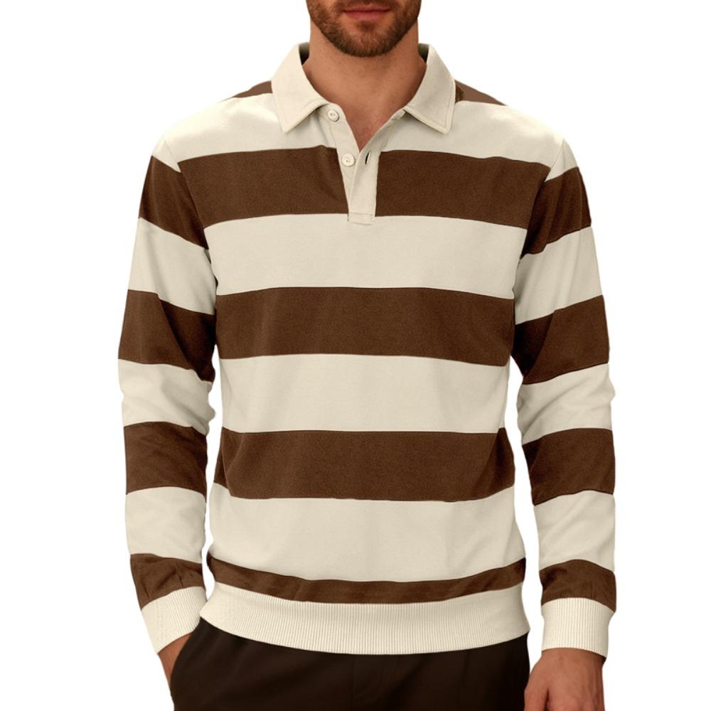 

Men Long-sleeved T-shirt 2025 Autumn New Fashion Trend Striped Printing Casual Loose Outdoor Camping Lapel Top Couple POLO Shirt XXL коричневый