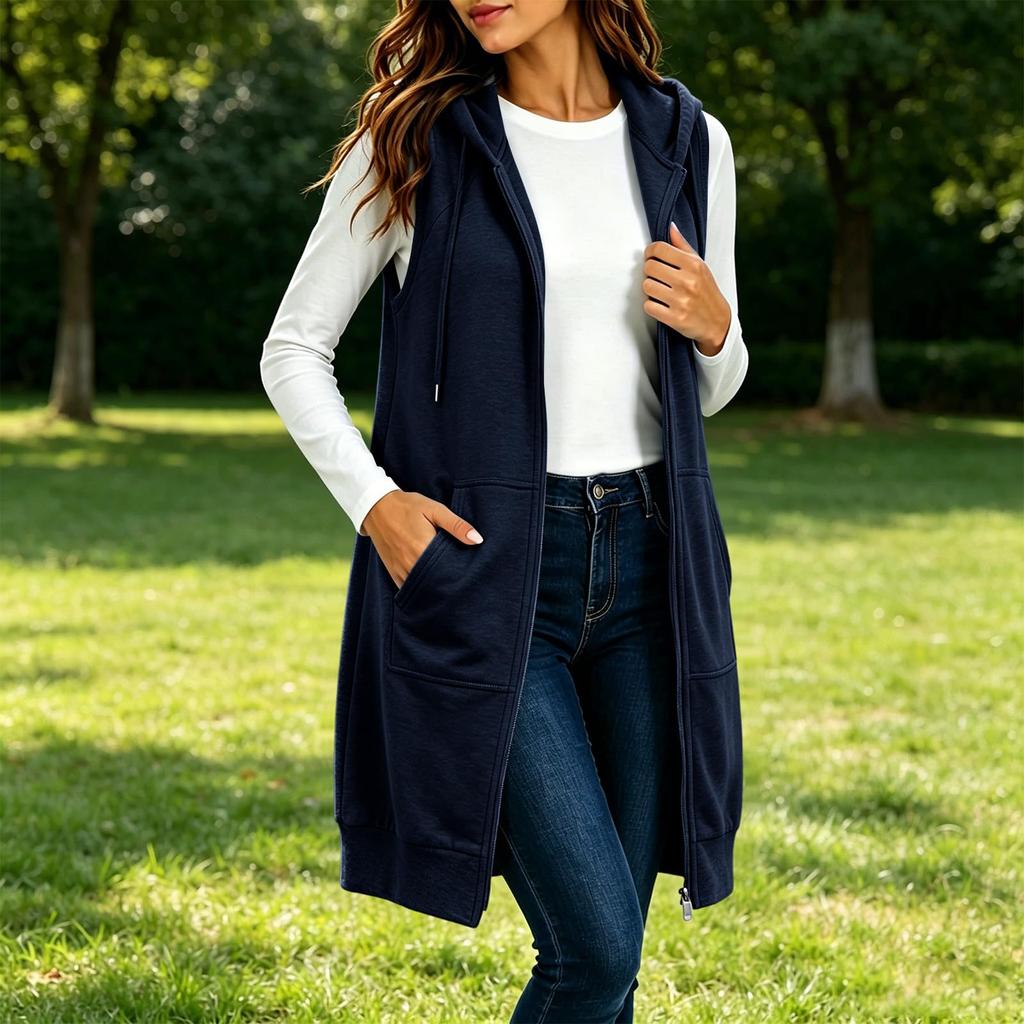 Women's Hooded Sleeveless Long Vest with Pockets - Color Loose Fit Casual Jacket