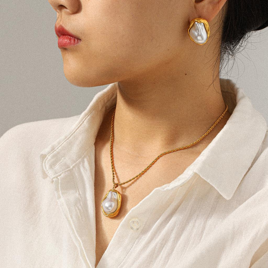 French Vintage Jewelry Irregular Baroque Pendant Stainless Steel Necklace Women's High-end Titanium Steel Earrings