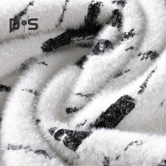 Men Winter Sweater Contrast Color Graffiti Thick Plush Half-high Collar Elastic Knit Long Sleeves Daily Wear School Dating Sweater