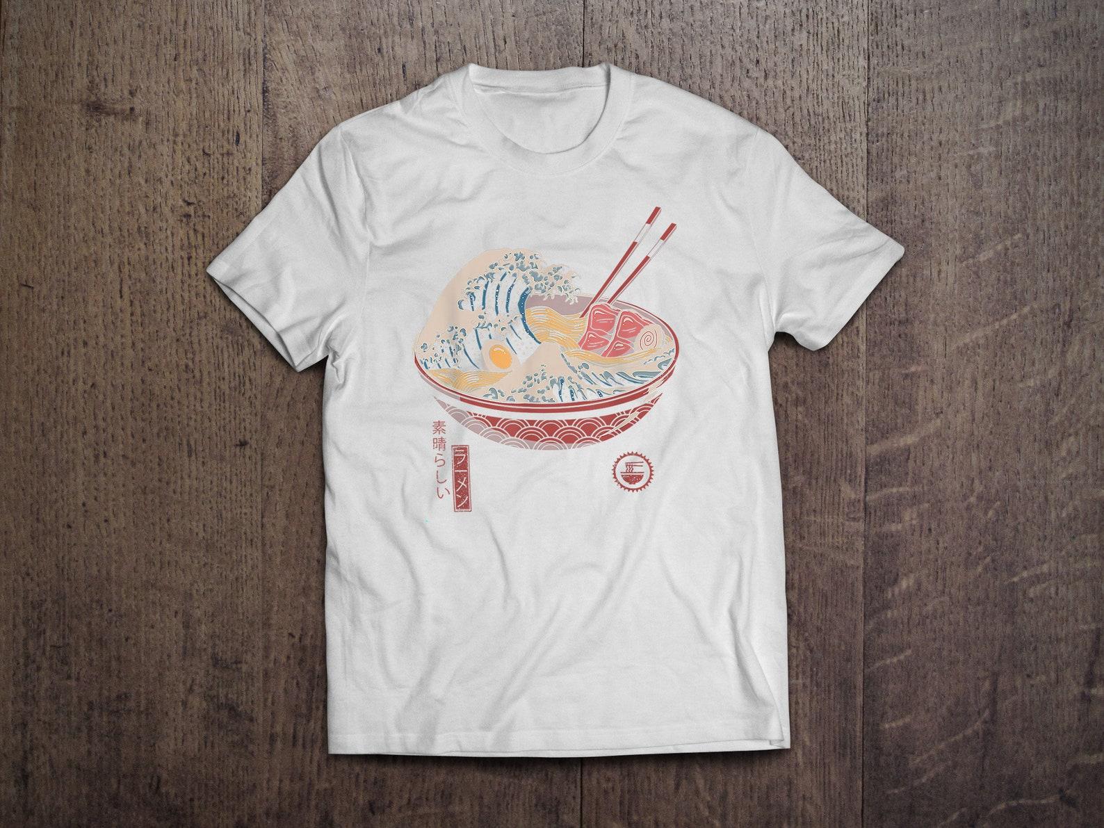Japanese Miso Soup Great Wave Illustration Art / Heavyweight cotton unisex T shirt with print tee top L