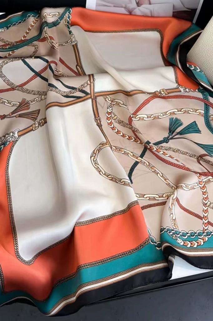 Satin Scarf 70x70 - Beige with Chain and Stripe Pattern