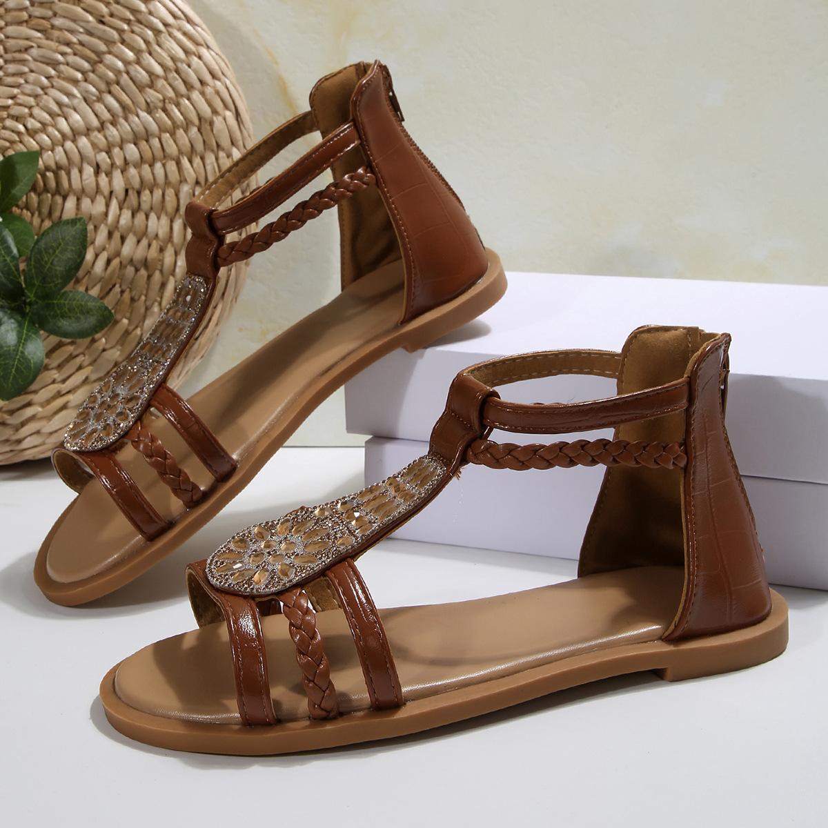 

Summer new rear zipper flat-soled Roman sandals ethnic style retro bohemian rhinestone soft-soled bag heel sandals 43 коричневий