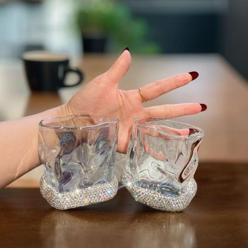 Sparkling Rhinestone Twisted Glass Water CupTransparent Glass Coffee Tea Mug Drink Dessert Breakfast Milk Cup Drinkware Beer Cup