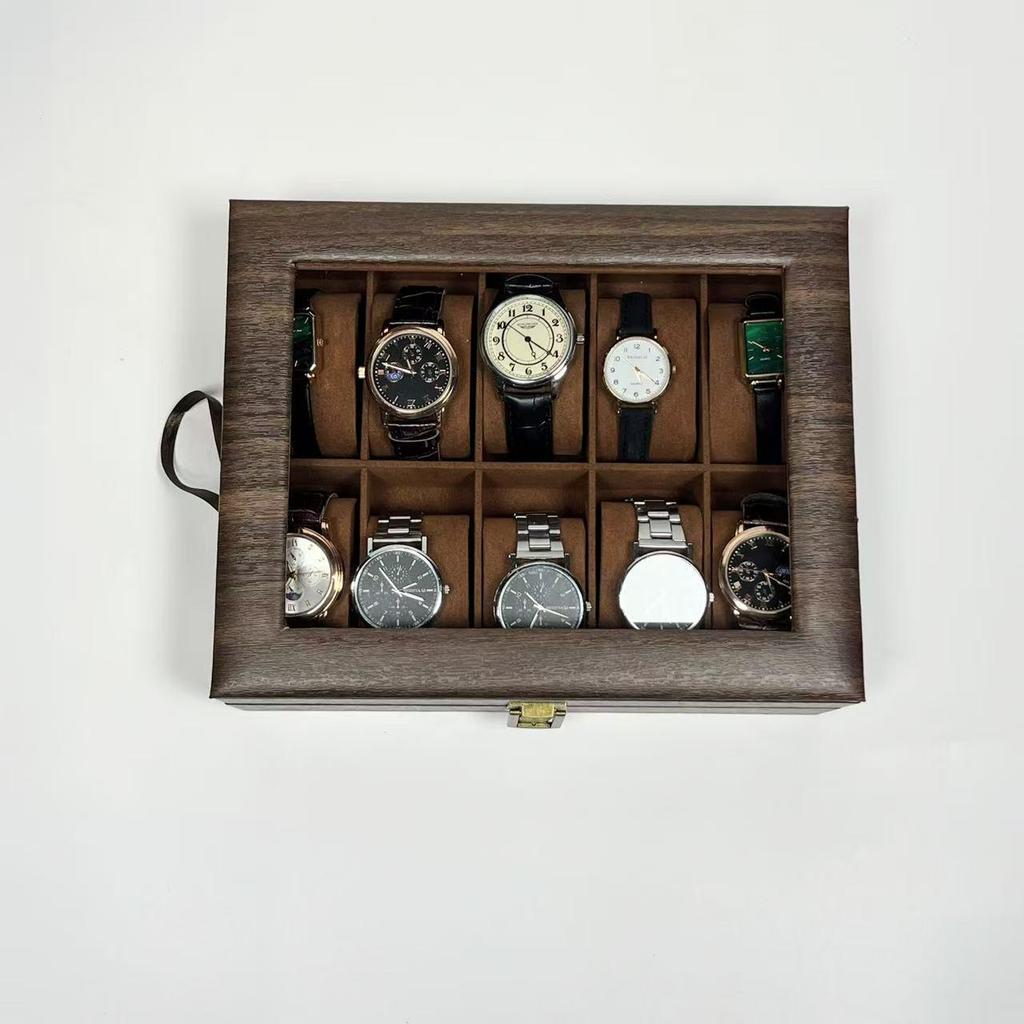 10-Bit Wood Grain Leather Watch Box with Dustproof Glass Cover