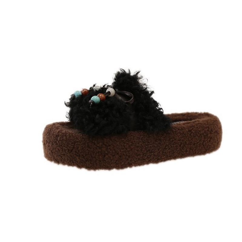 

Retro thick-soled fluffy slippers women s autumn new round head bow slippers women s flip-flops 35 чёрный