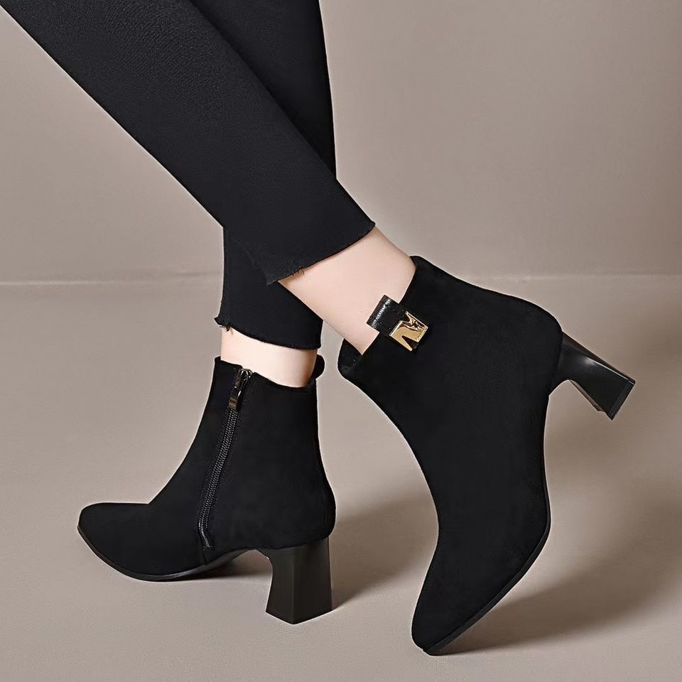 2025 autumn and winter new comfortable thick heel velvet short boots women's pointed foreign gas velvet soft leather frosted high heel fashion boots