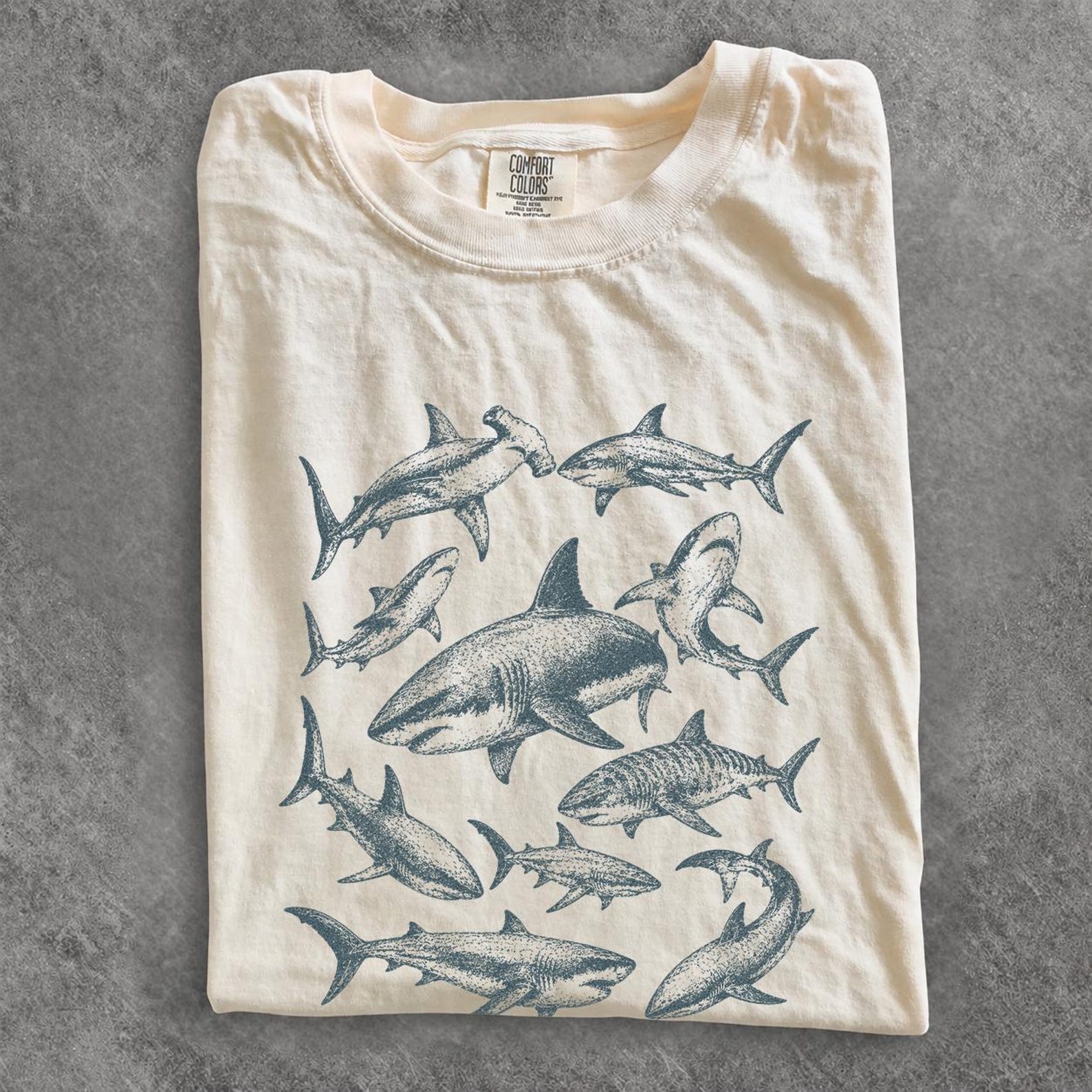 Vintage Shark Collection Shirt, Tattoo Style Ocean Wildlife Tee, Marine Life Lover Gift, Retro Sea Animal Top S