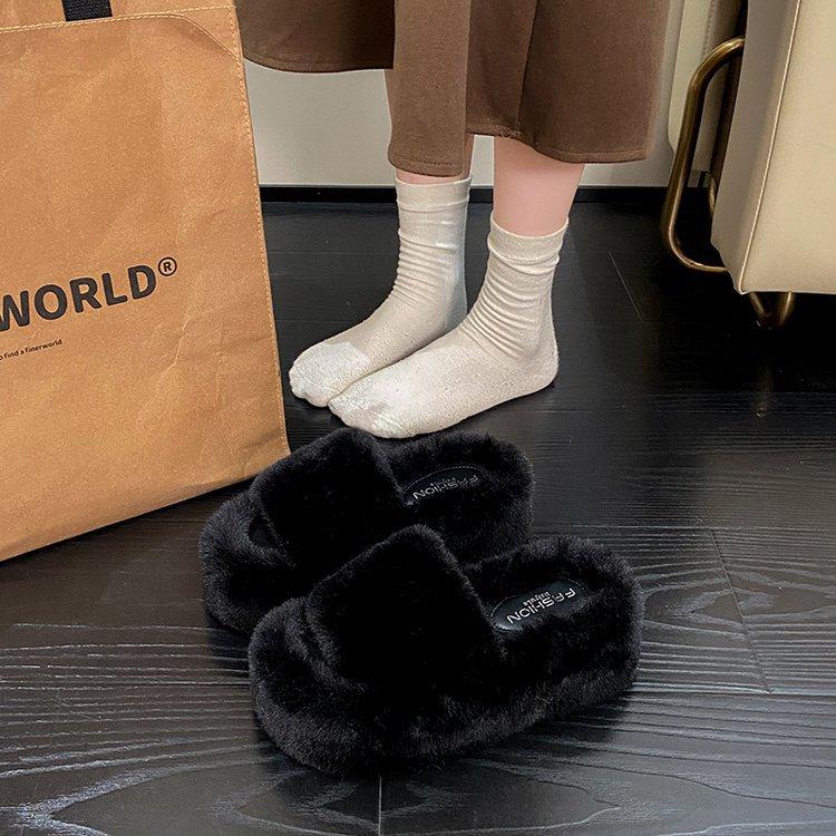 White comfortable Internet celebrity heightening non-slip thick bottom fluffy slippers women's autumn wear 2024 new indoor home cotton mop