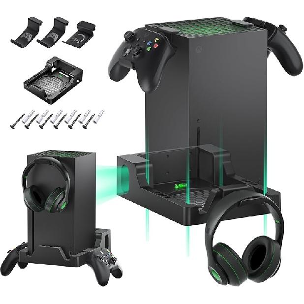 Wall Mount for Xbox Series X, Wall Mount Kit for Xbox Series X with 2 Controller Holder & Headphone Hook, Integrated and Heat Ventilation Design,