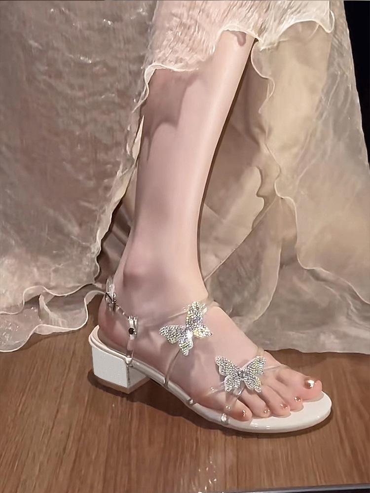 

Yushilai~ Beautiful rhinestone sandals female 2025 summer new fairy style with skirt seaside sparkling high heels 40