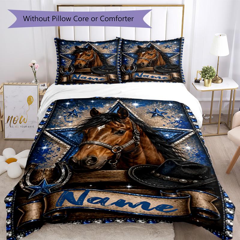 3pcs Custom Name Horse Bedding Set Duvet Cover Closure Includes 1 Duvet Cover & 2 Pillowcases, Soft and Comfortable for All Seasons.