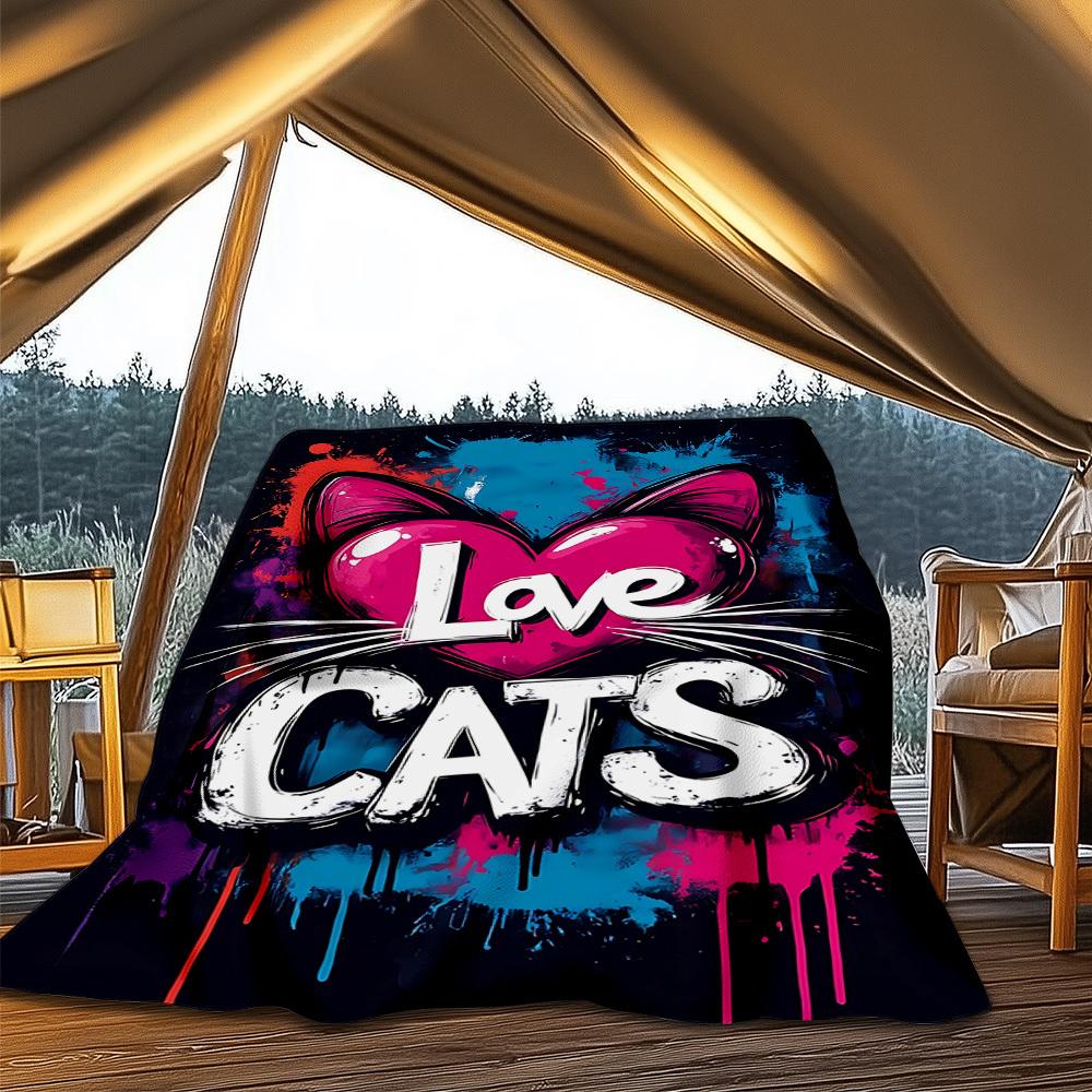 1pc Love Cats Print Outdoor Flannel Blanket Soft All Season Polyester Throw , Perfect for Picnics & Travel , Picnic Accessory