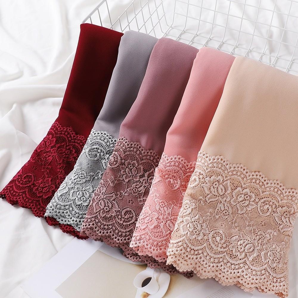 Solid Color Chiffon Hijab Veil Lace Edge Ramadan Headscarf Versatile Silk Scarf  Women Headwear