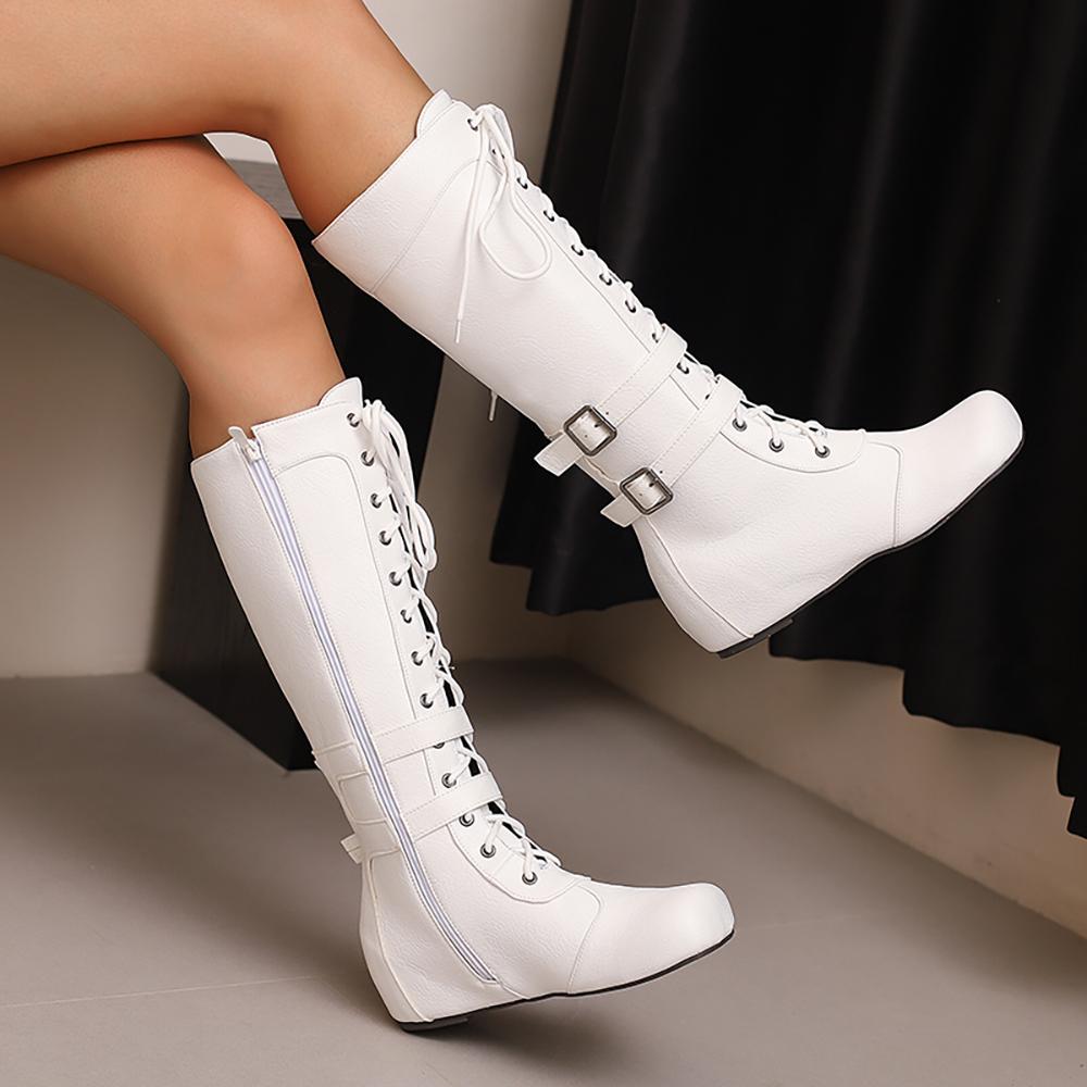 White Brown Women Mid Calf Boots Med Wedge Heel Big Size 50