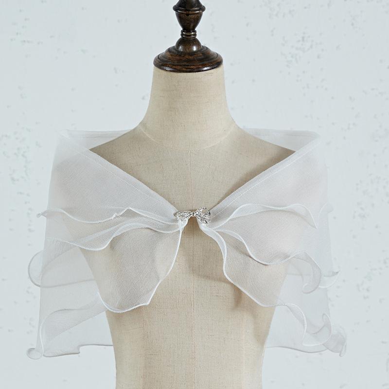 Ruffle Organza Shrug Bolero With Rhinestone Bow Clip Multi Color Sheer Tulle Cape Wrap For Off Shoulder Evening Prom Wedding Dress