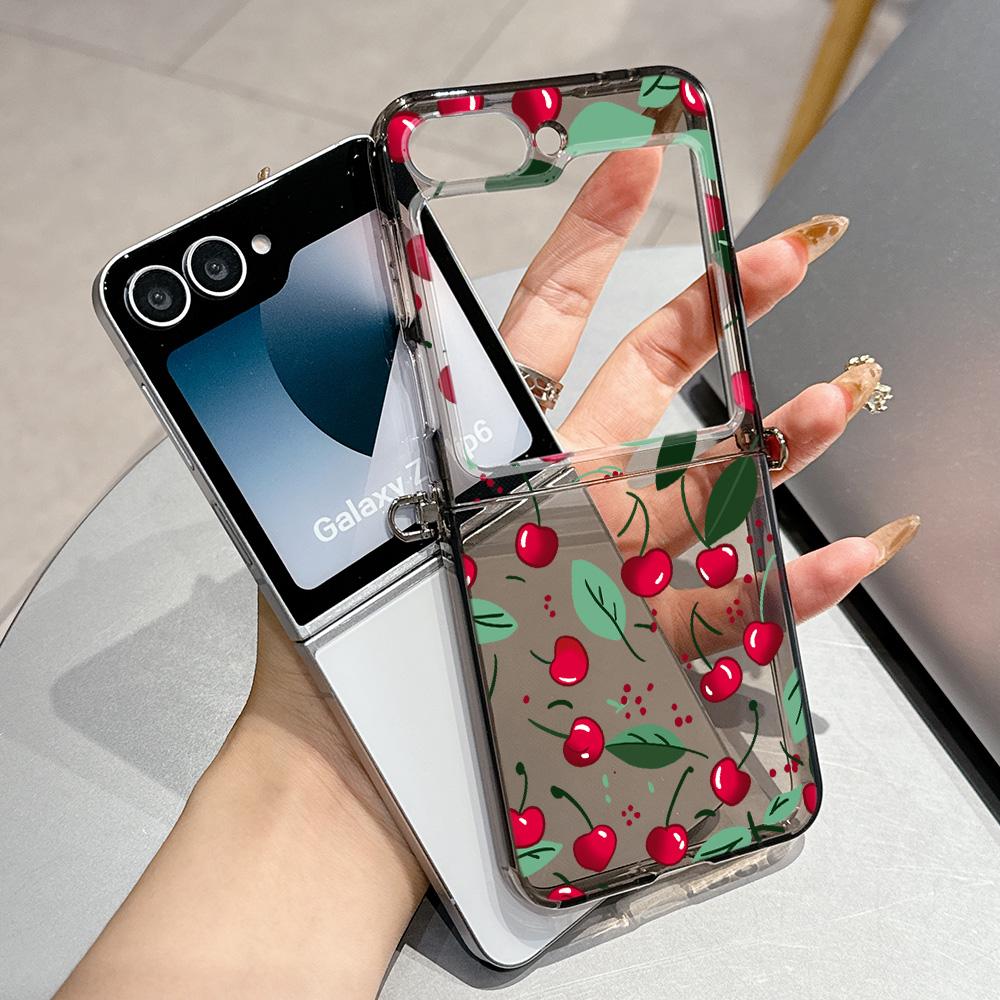 Summer Fruit Cherry Pattern Metal Connector Phone Case for Samsung Galaxy Z Flip3 Flip4 Flip5 Flip6 Flip7 Candy Color Soft TPU