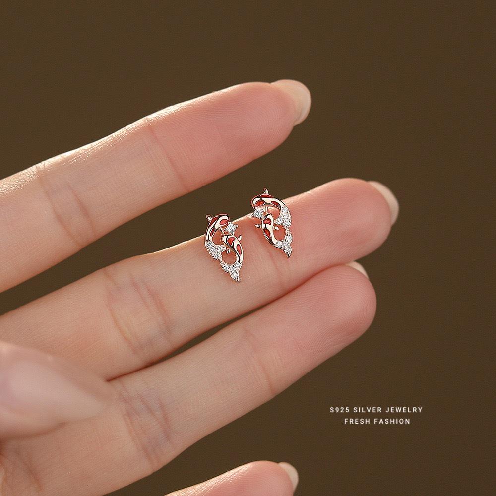 Beixi S925 Sterling Silver New Year Koi Fish Earrings - Elegant Chinese Style Cartilage Studs.
