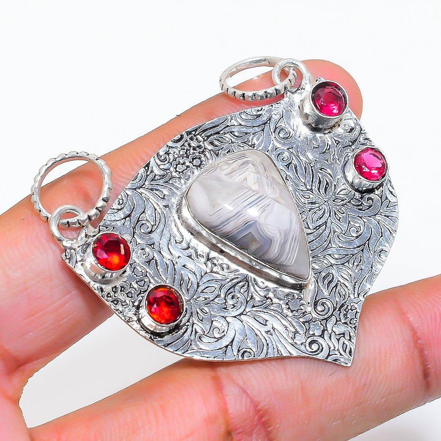 Natural Laguna Lace Agate, Rubillite 925 Sterling Silver Pendant 1.97" ZS-282