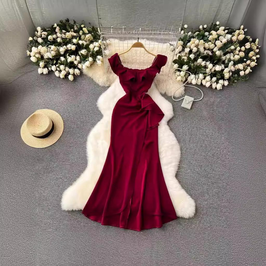One-word Shoulder Burgundy Tube Top Banquet Evening Dress Dress High Texture Sexy High Split Harpoon Tail Dress Long
