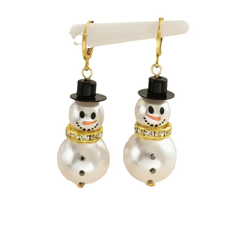 Fashion Christmas White Snowman Pearl Drop Earrings for Women Cute Rhinestone Snowflake Earring Jewelry New Year Holiday Gifts