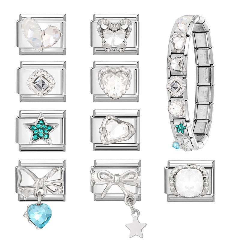 Y2K Romantic Heart Eyes Star Bow Knot Butterfly Zircon Charm Italian Links Fit 9mm Bracelet Stainless Steel Making DIY Jewelry