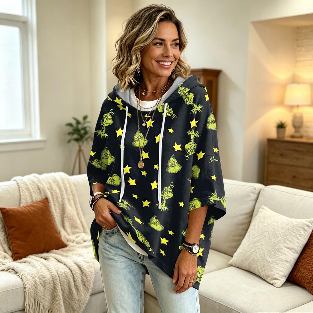 Women's Christmas Print Hooded Sweatshirt with Drawstrings, Loose Fit Casual Pullover Top