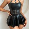 European & American Patent Leather Halter Lingerie Nightclub Dress Set