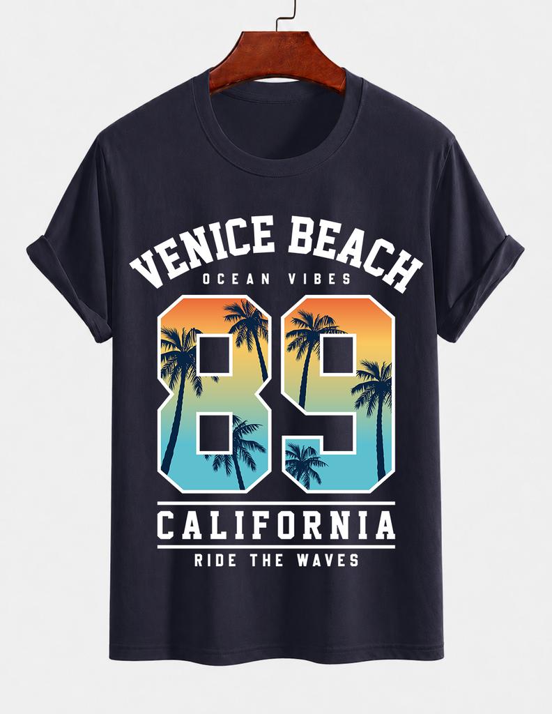 Unisexs Pure Cotton Solid Color Tshirt Venice Beach California 89 Print Crew Neck Short Sleeve Summer Street Casual Top