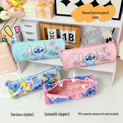 Round Barrel Cartoon PU Pencil Case - Large Capacity, Thick Lining, Perfect for Kids' Stationery Storage