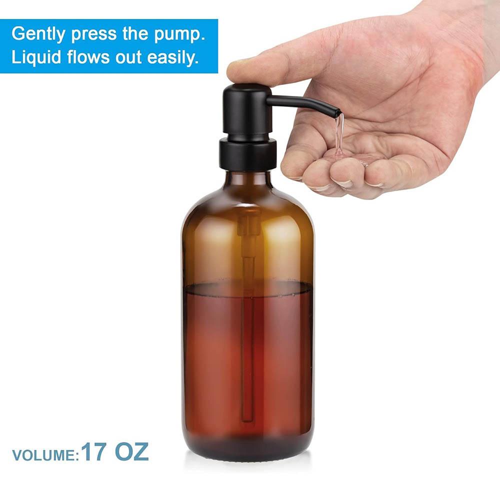 Amber Glass Soap Dispenser with Black Pump, Liquid Hand Soap Dispenser for Bathroom, Kitchen Dish Soap Dispenser, 16Oz 500ml