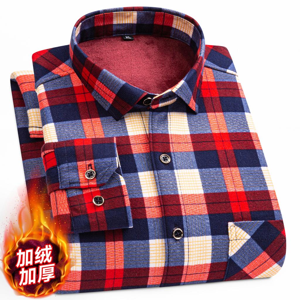 2026 Autumn Winter Men's Fashion Plaid Striped Print Shirts Double-sided Fleece Long Sleeve Thick Warm Shirts Soft Big Size 7XL