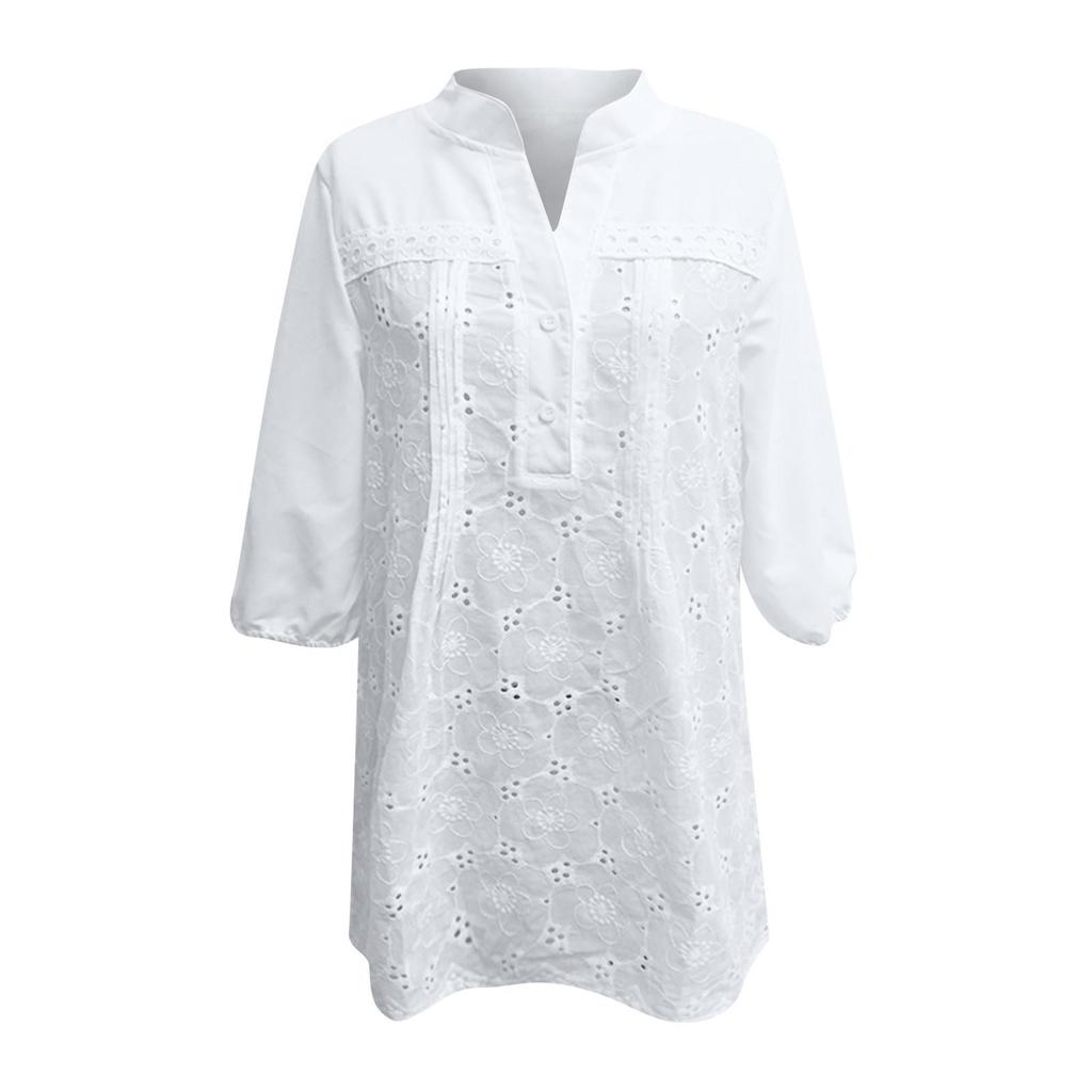 Summer Women's 3/4 Sleeve Blouses Casual Loose Fit Solid Color V Neck Tops Ladies Length Sleeve T-Shirts