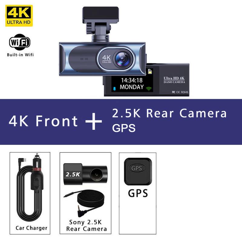 4K WIFI Dash Cam GPS 3840*2160P Car DVR Front and 2.5K Rear Dual Lens Auto Car Camera With Night Vision G-Sensor 24H Parking