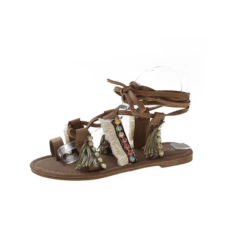 Bohemian Ankle Strappy Summer  Sandalias De Mujer Mixeds Color Flat Roman Shoes Comfort Holiday Flip Flops Sandales Femme Slides