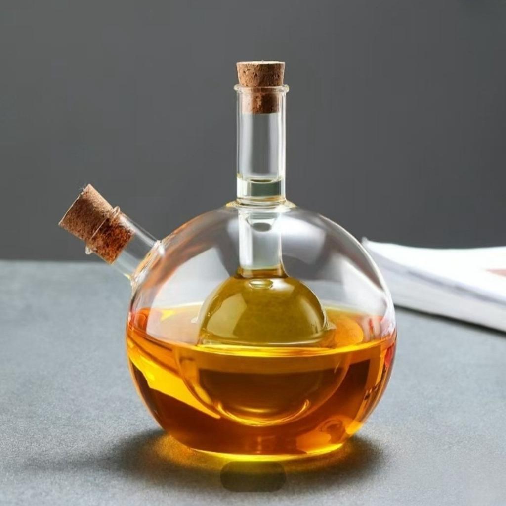 Borosilicate Glass Oil Dispenser with Dual Spout , Stopper , Heavy Duty Thermal Shock Resistant Measuring Bottle with Color Coded Caps