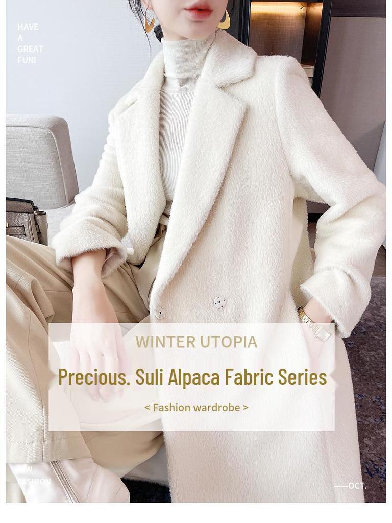 Women’s Versatile Mid-Length White Suri Alpaca Cashmere Wool Coat for Winter 2024